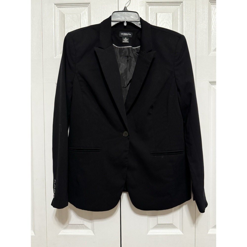Liz Claiborne Classics Size 12 Black 1 Button Lined Suit Blazer With Pockets